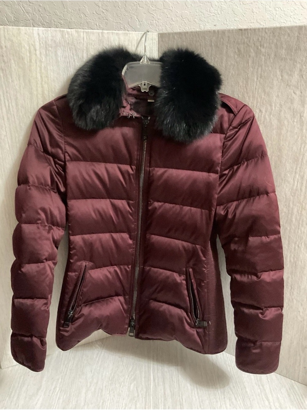 Burberry Burgundy Puffer Jacket with Black Fur Collar
